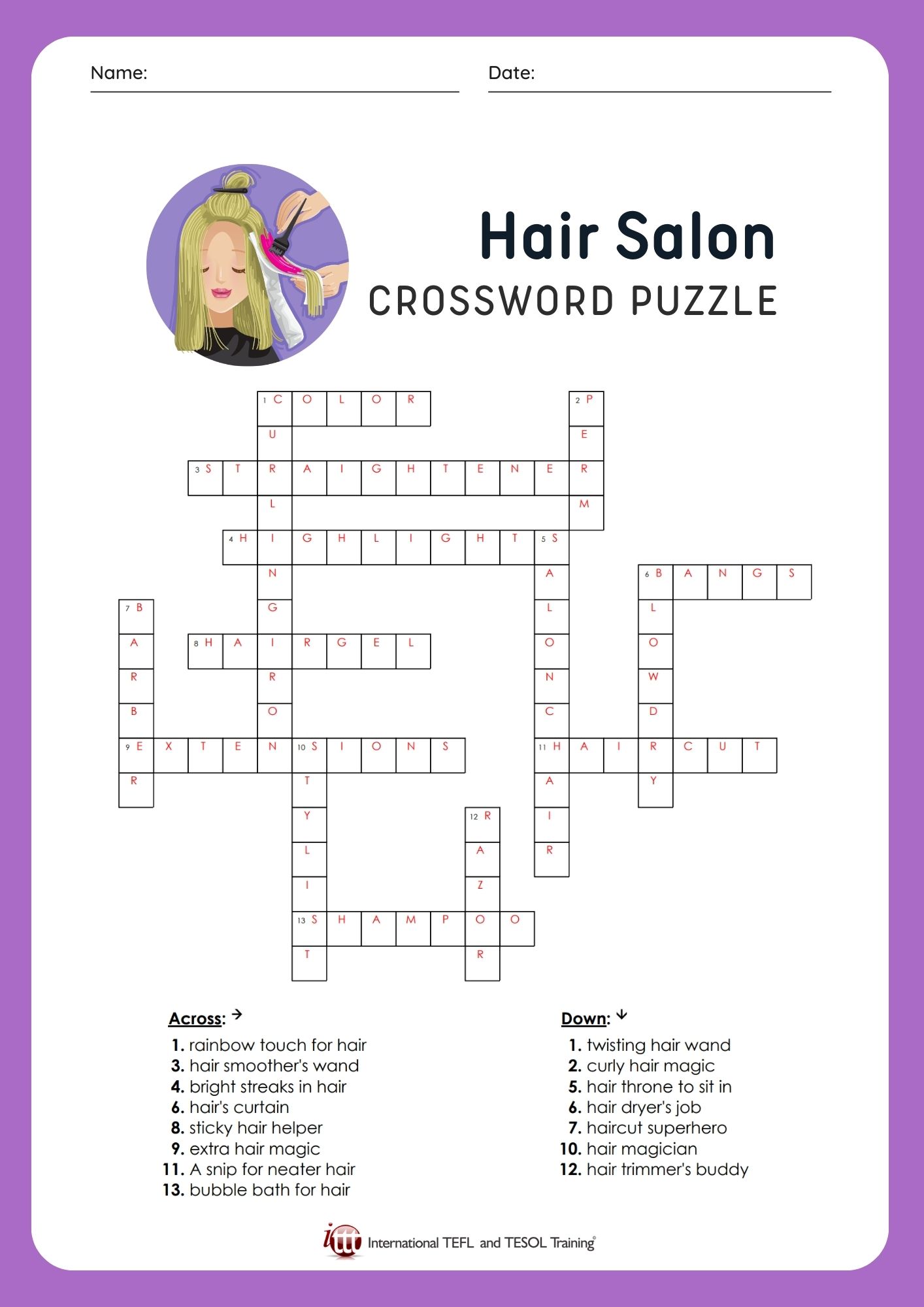 EFL Hair Salon Vocabulary Crossword Puzzle ️ ️ ️ ITTT